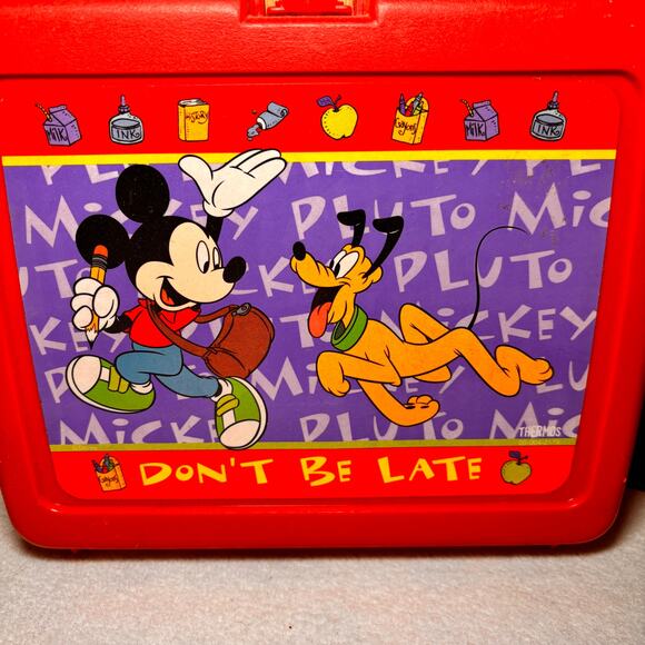 Vintage Mickey Mouse Pluto Plastic Lunchbox Thermos Co Don't Be Late No Thermos - Picture 1 of 4